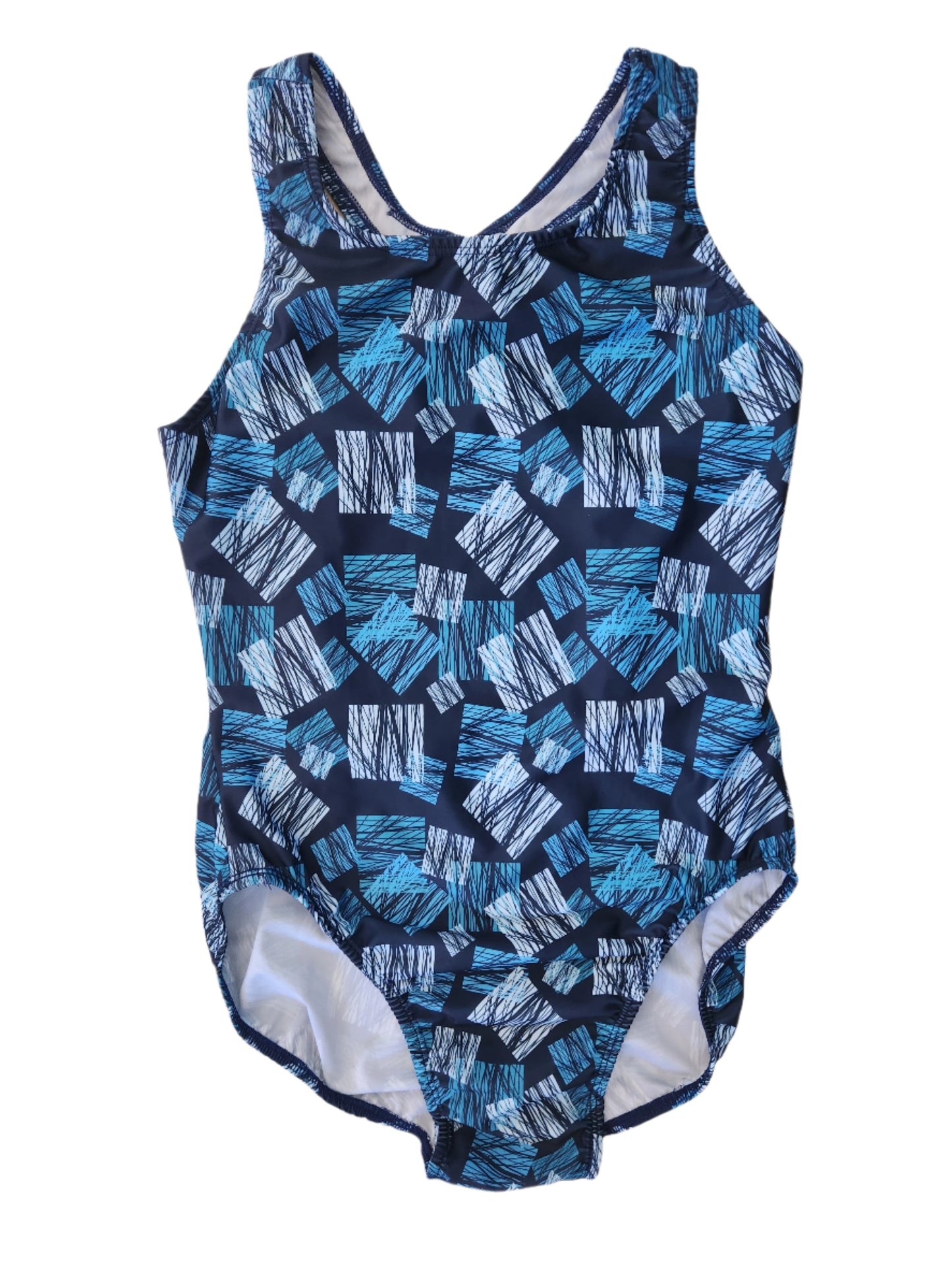 Extra Life Fastback Swimsuit in a Teal, White & Blue Square Design