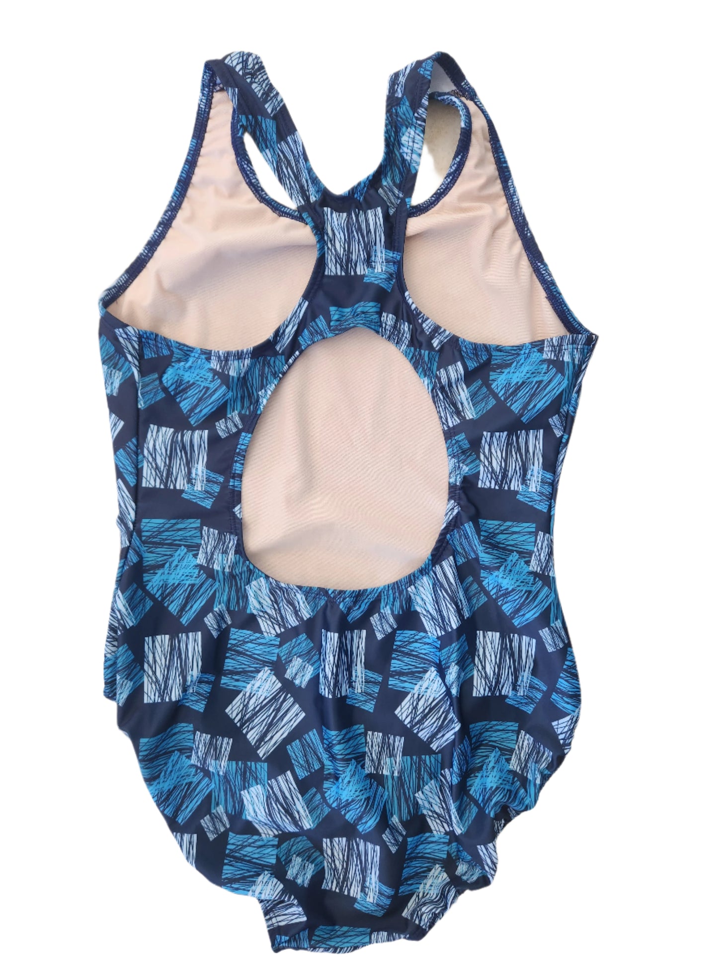 Extra Life Fastback Swimsuit in a Teal, White & Blue Square Design