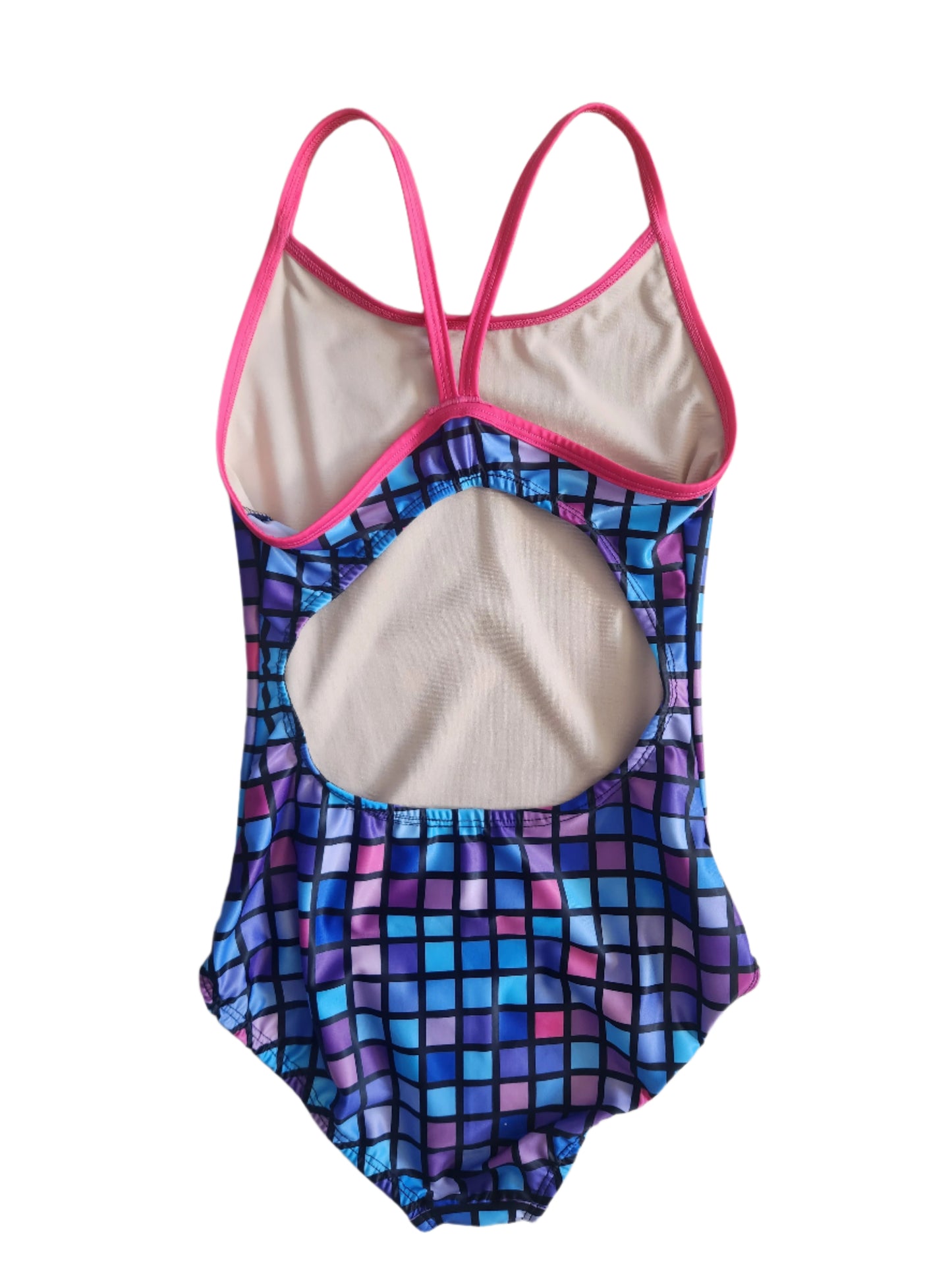 Extra Life Thin Strap Swimsuit in Pink, Blue & Purple Blocks