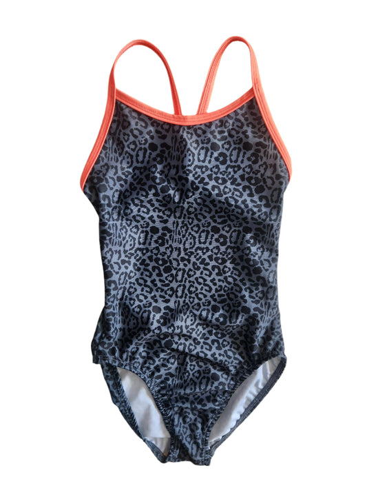 Extra Life Thin Strap Swimsuit in Leopard Print on Grey with Neon Orange Straps