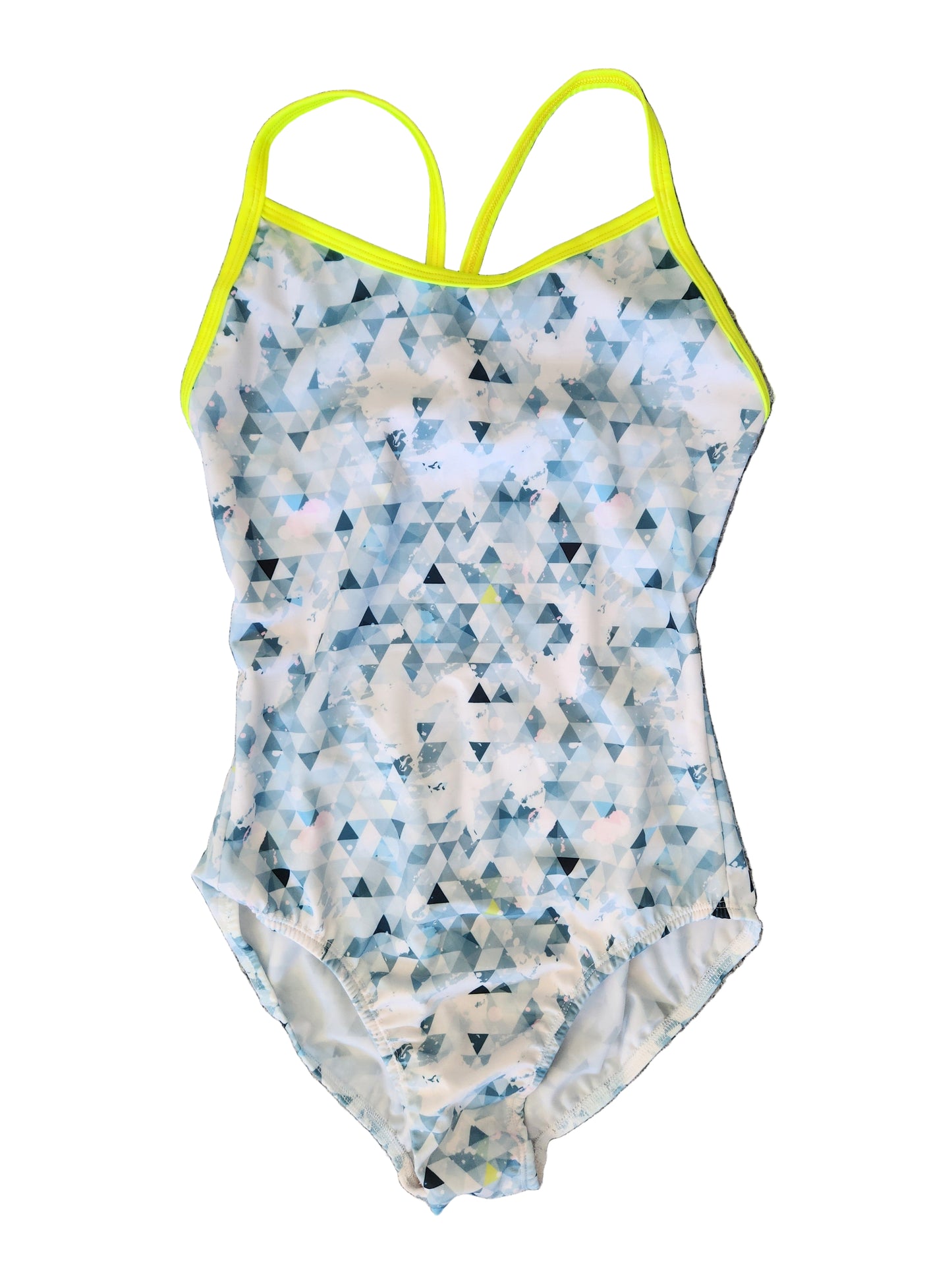 Extra Life Thin Strap Swimsuit in Diamond Dazzle Design on Grey & White with Neon Yellow Straps
