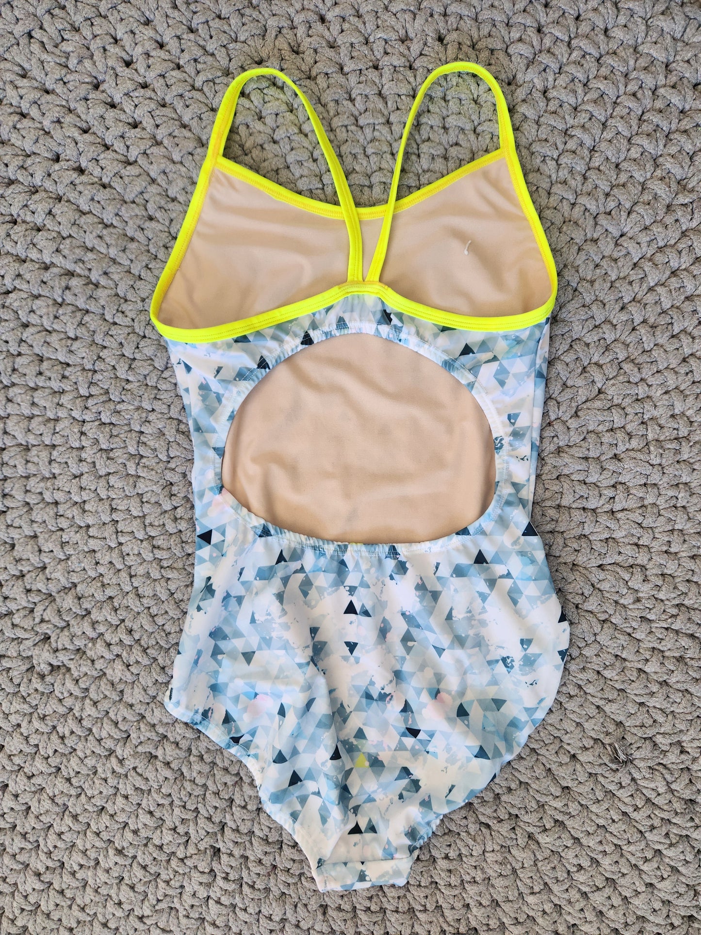 Extra Life Thin Strap Swimsuit in Diamond Dazzle Design on Grey & White with Neon Yellow Straps