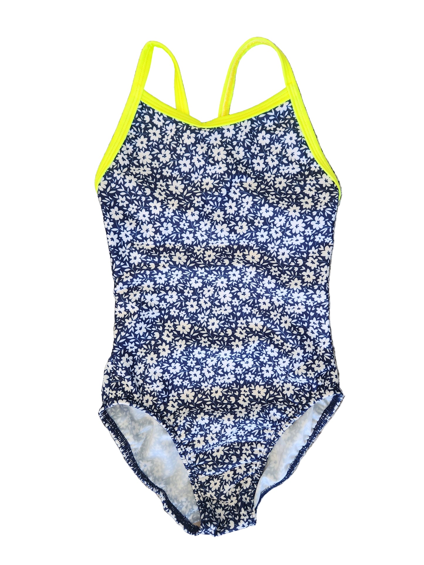 Extra Life Thin Strap Swimsuit in Ditzy Blooms in White on Dark Navy with Neon Yellow Straps