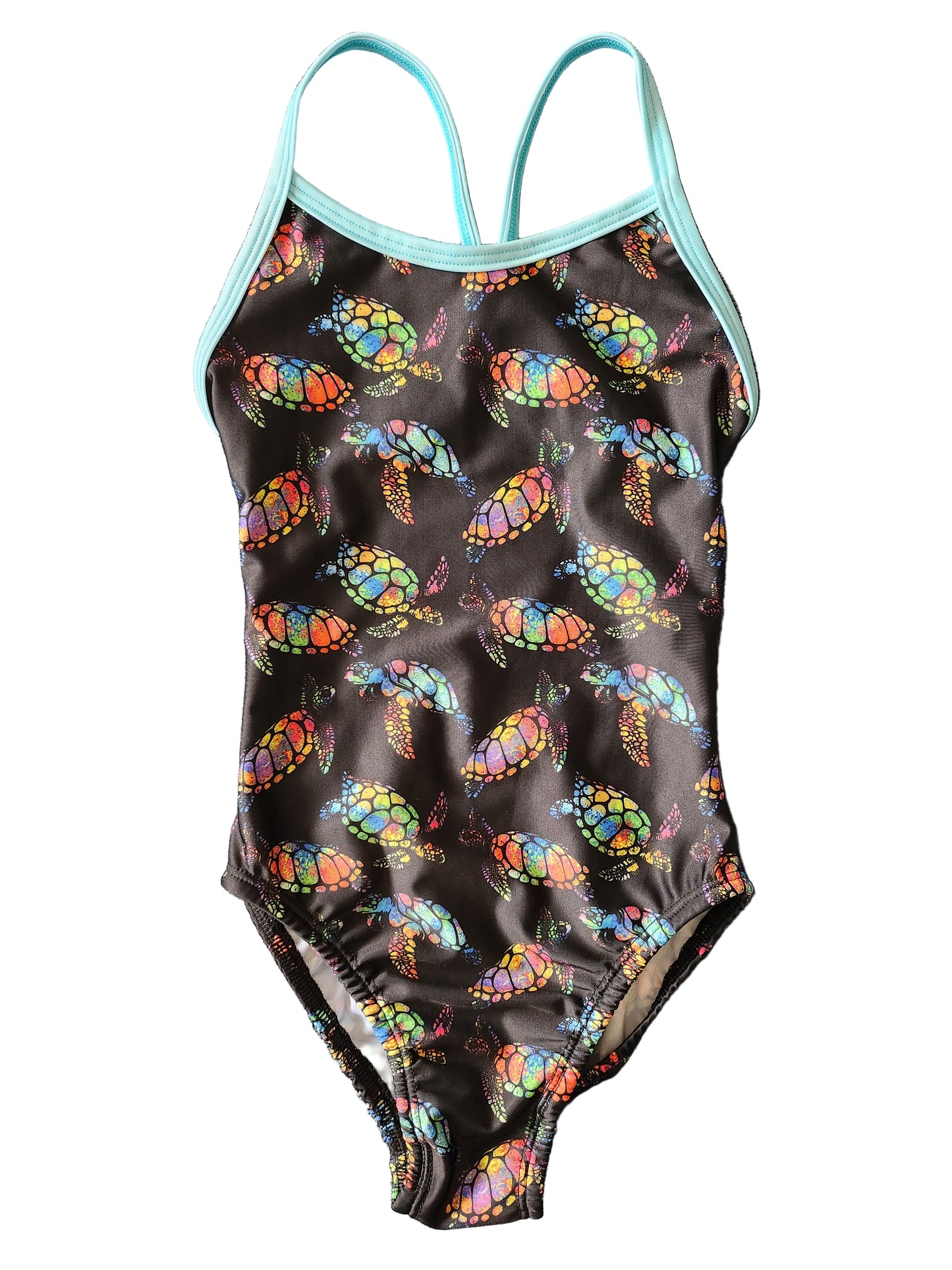 Extra Life Thin Strap Swimsuit in Turtle Tango Print on Black with Aquamarine Straps