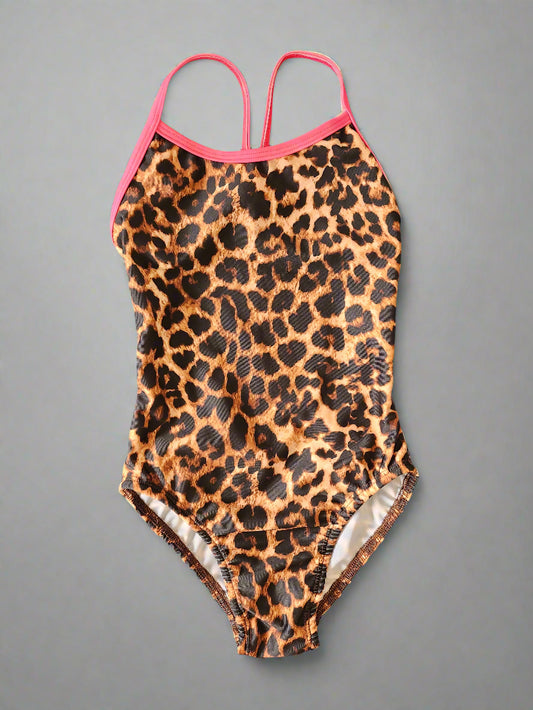 Extra Life Thin Strap Swimsuit in Fierce Rosettes Leopard Print with Neon Pink Straps