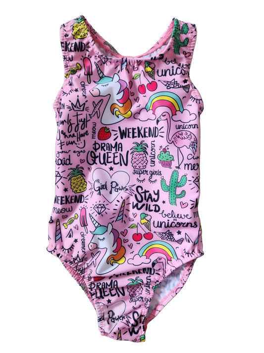Kikx Extra Life Fastback Swimsuit in Unicorn and Summer Theme on Light Pink