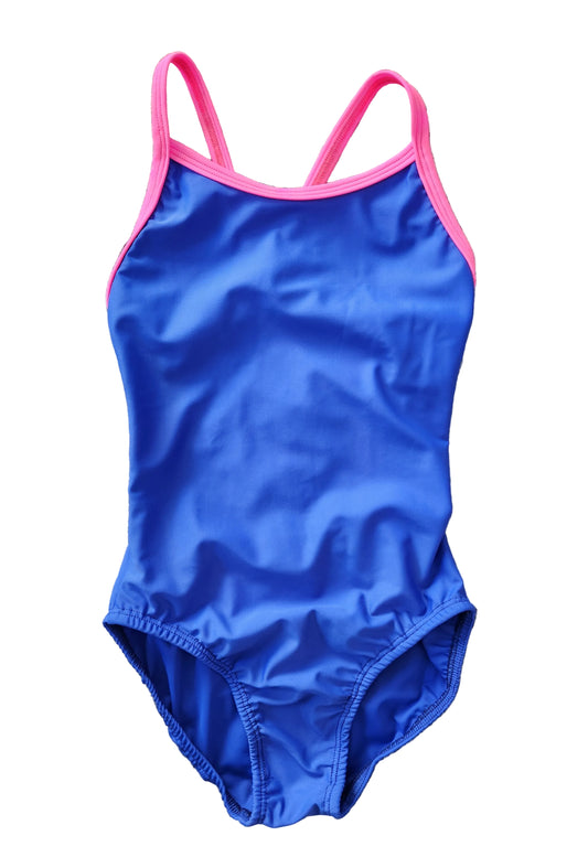 Extra Life Thin Strap Swimsuit in Royal Blue with Neon Pink Straps