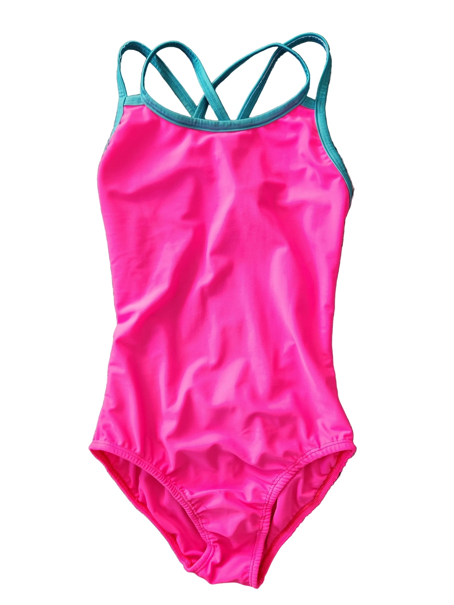 Extra Life Double Thin Strap Swimsuit in Neon Pink with Teal Green Double Straps