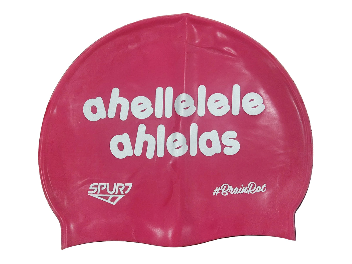BrainRot Ahellelele Ahlelas on Dark Cerise Spurt Silicone Swim Cap