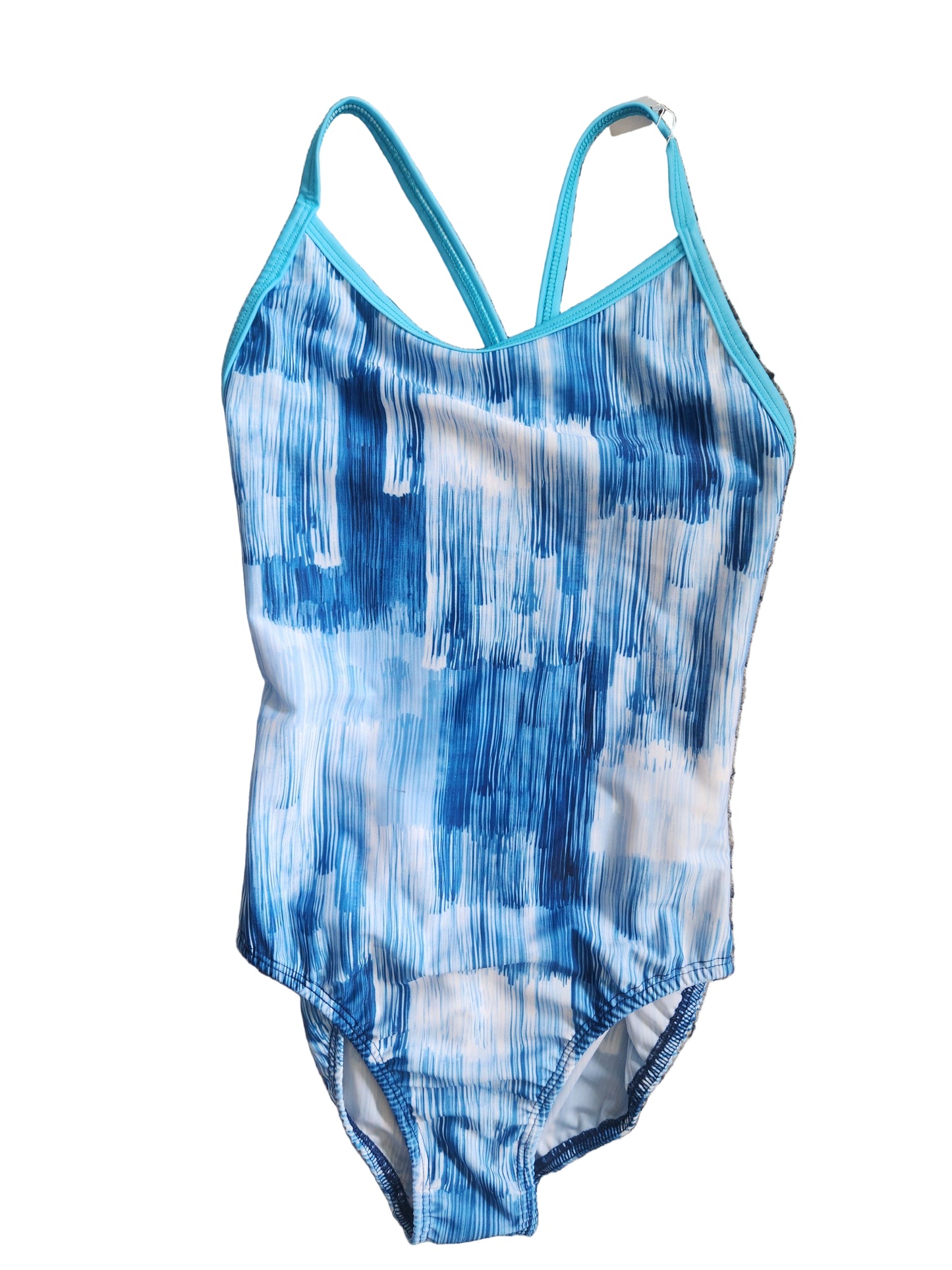 Extra Life Thin Strap Swimsuit in Blue & White Brushstrokes with Teal Straps