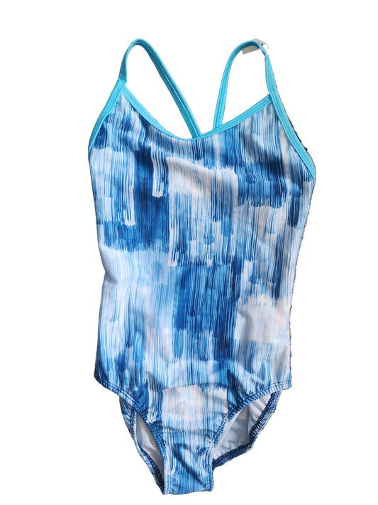 Extra Life Thin Strap Swimsuit in Blue & White Brushstrokes with Teal Straps
