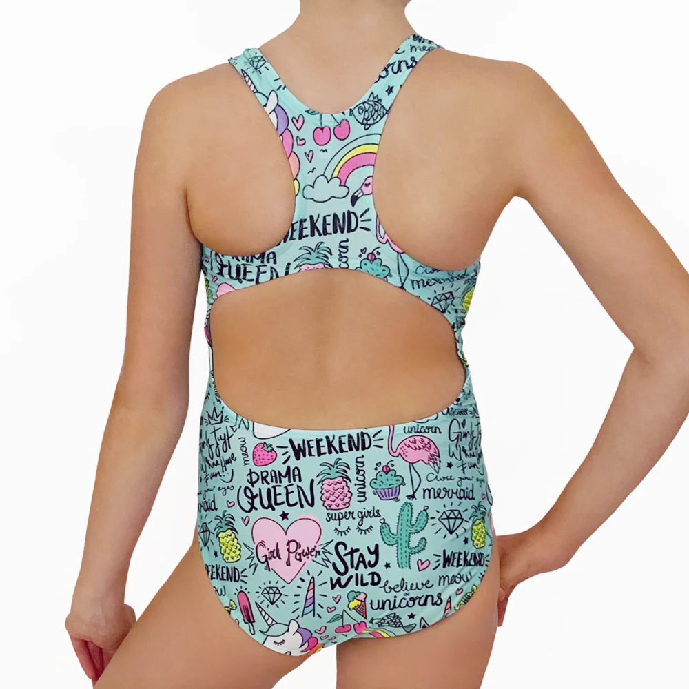 Kikx Extra Life Fastback Swimsuit in Unicorn and Summer Theme on Aqua Green