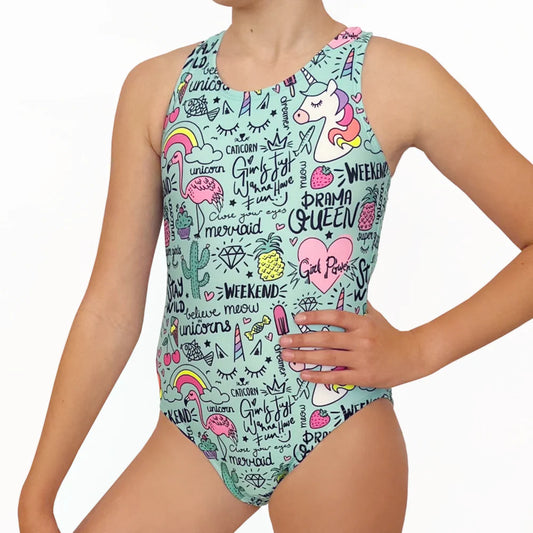 Kikx Extra Life Fastback Swimsuit in Unicorn and Summer Theme on Aqua Green