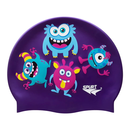 Scattered Cute Monsters on Royal Purple Spurt Silicone Cap