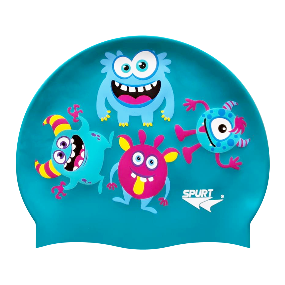 Scattered Cute Monsters on Turquoise Green Spurt Silicone Cap
