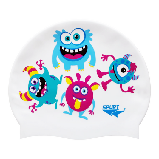 Scattered Cute Monsters on Cool White Spurt Silicone Cap