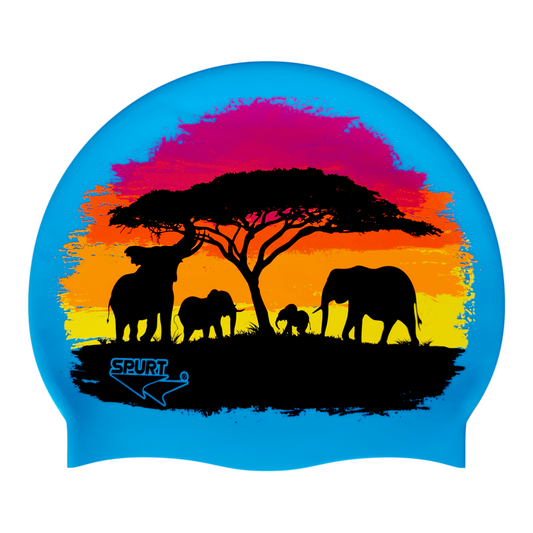 Elephants and Tree Silhouettes on Sky Blue Spurt Silicone Cap
