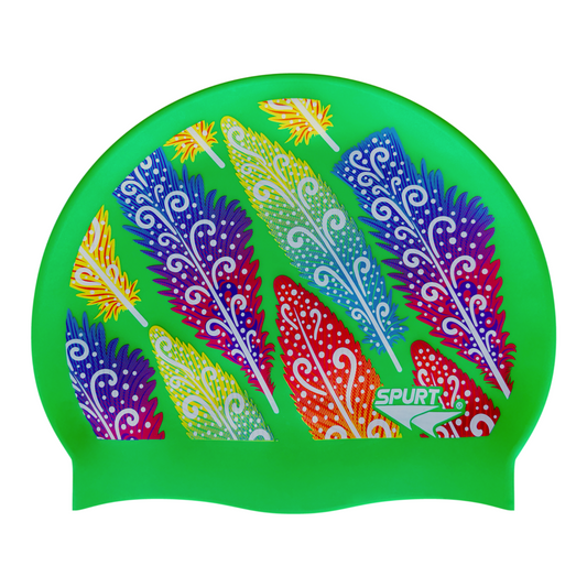 Funky Feathers on Vivid Green Spurt Silicone Cap