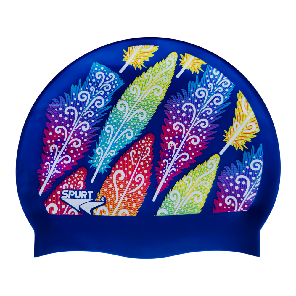 Funky Feathers on Dark Blue Spurt Silicone Cap