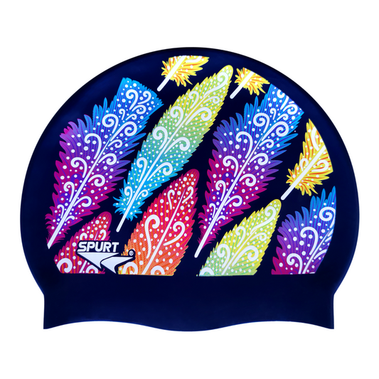 Funky Feathers on Dark Navy Spurt Silicone Cap