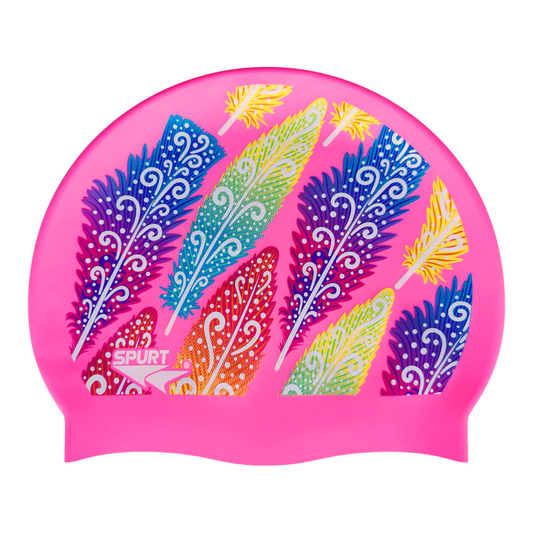 Funky Feathers on Medium Pink Spurt Silicone Cap