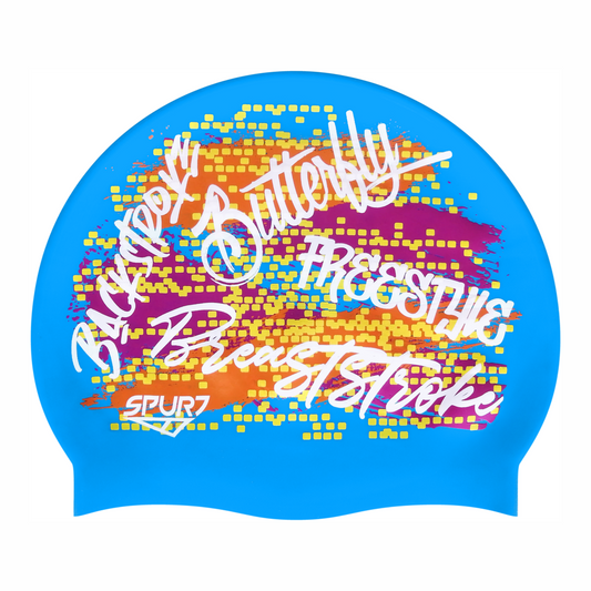 Graffiti Swimming Stroke Names & Grunge paint on Sky Blue Spurt Silicone Cap