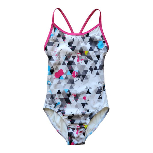 Extra Life Thin Strap Swimsuit in Grey Geometrics with Pink & White Paint Splatters with Pink Straps