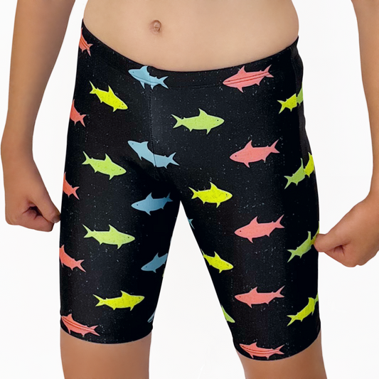 Kikx Extra Life Jammer Swimsuit in Neon Sharks on Black