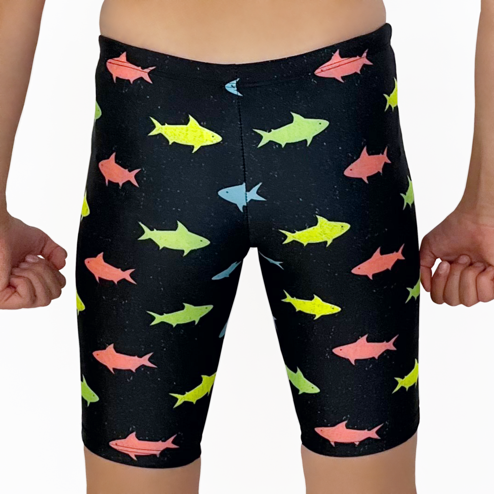 Kikx Extra Life Jammer Swimsuit in Neon Sharks on Black