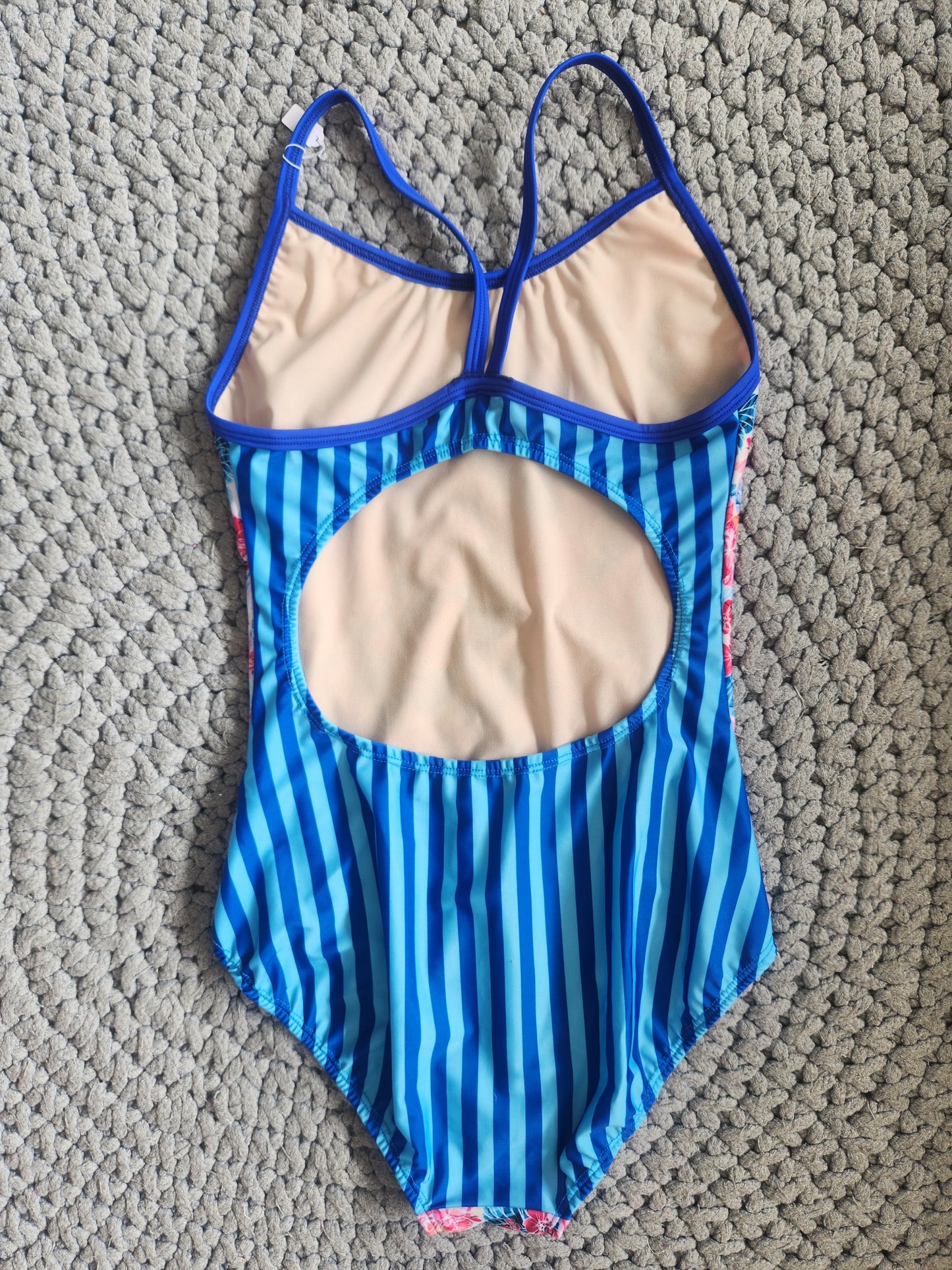 Extra Life Thin Strap Swimsuit in La Med Print with Blue Striped Back with Blue Straps