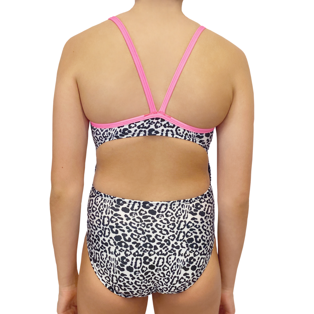Extra Life Thin Strap Swimsuit in Leopard Print on White with Neon Pink Straps