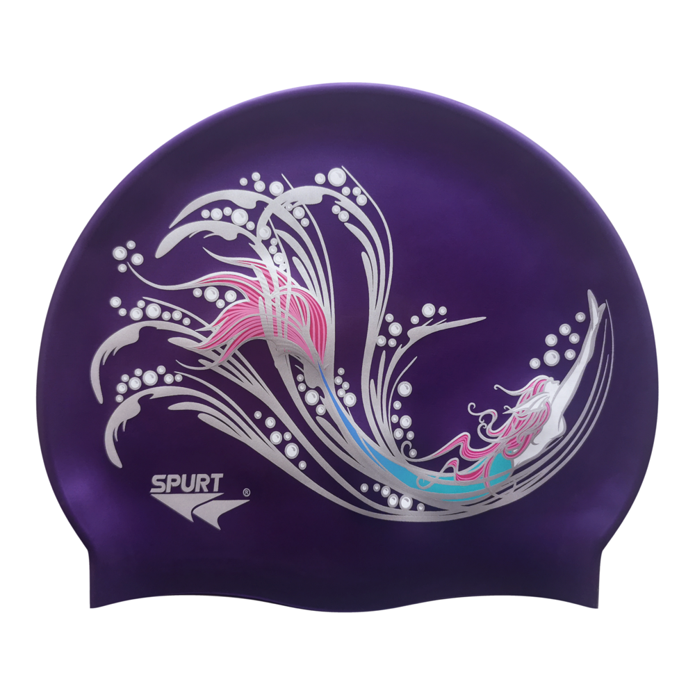 Sketched Mermaid in Swirls on Royal Purple Spurt Silicone Cap