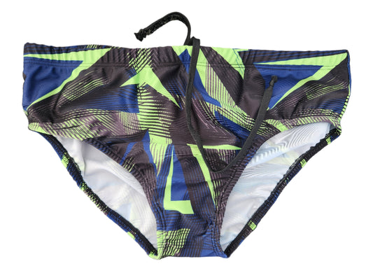Brief Swimsuit in Neon Green & Navy Geometric Design
