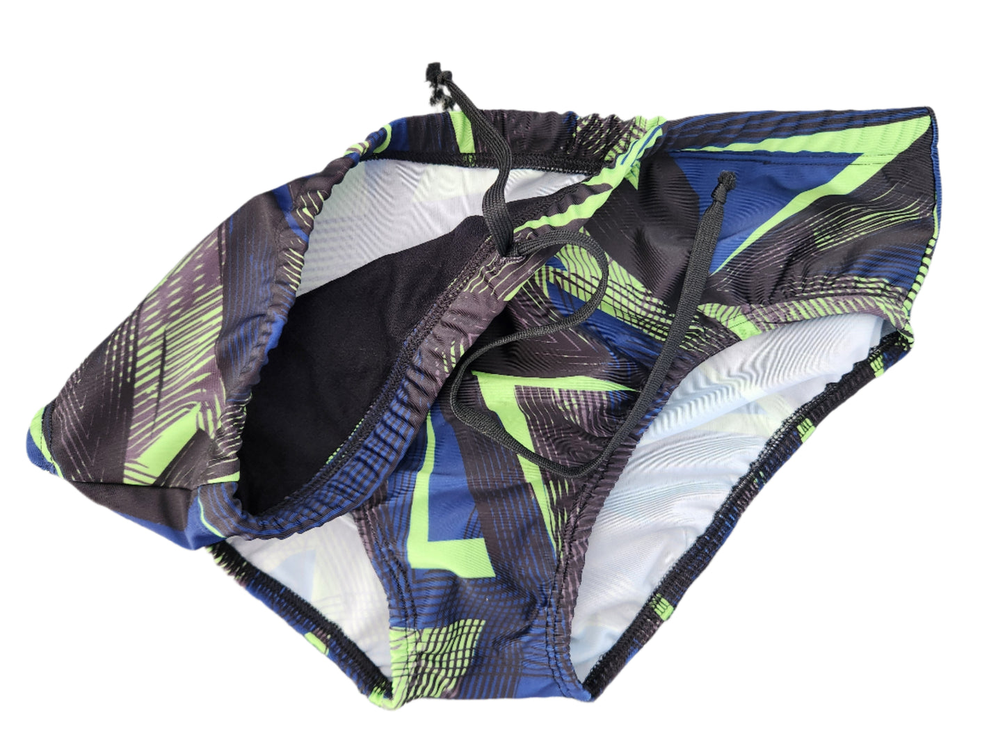Brief Swimsuit in Neon Green & Navy Geometric Design
