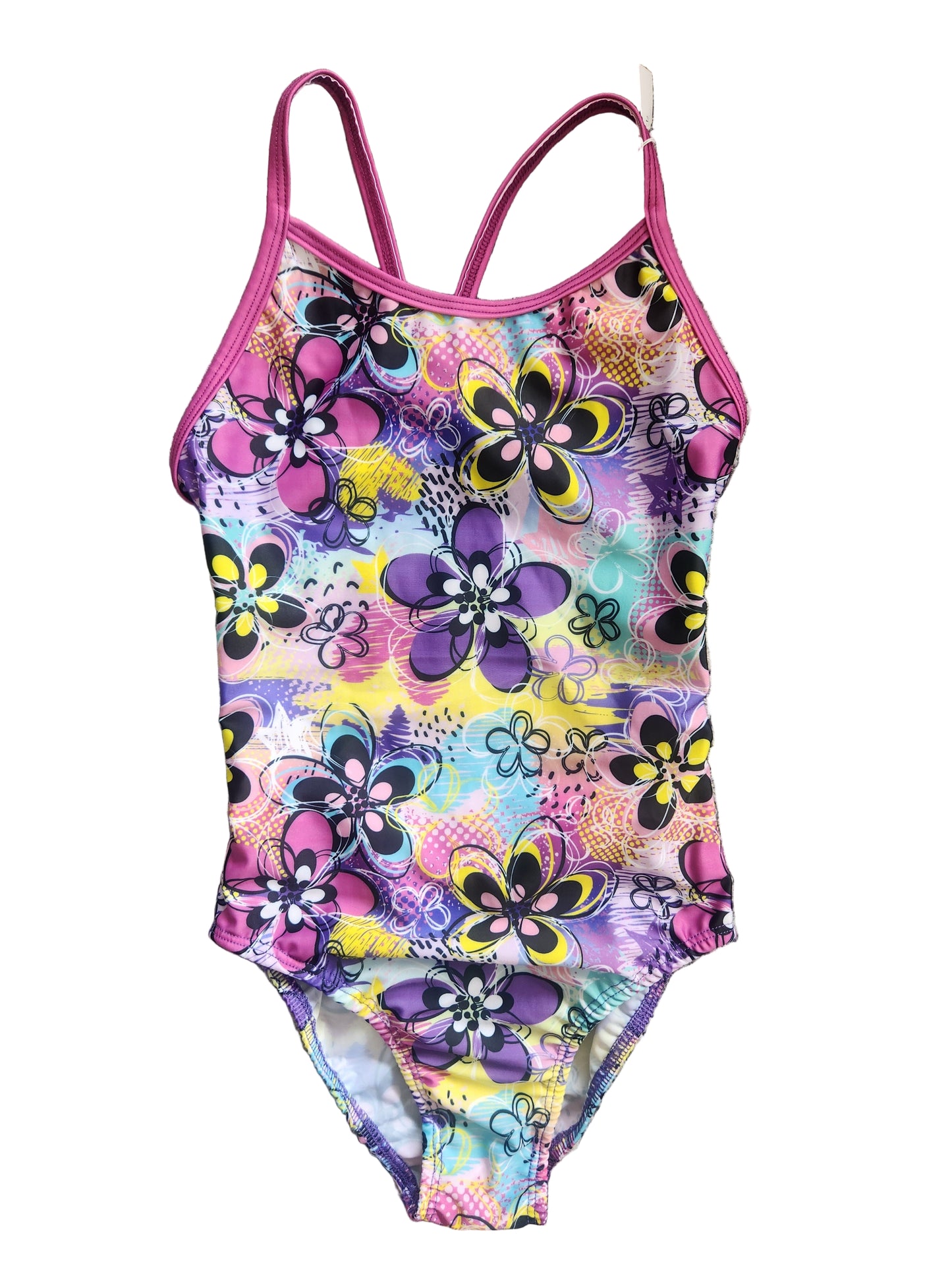 Extra Life Thin Strap Swimsuit in Purple & Yellow Flowers with Purple Straps