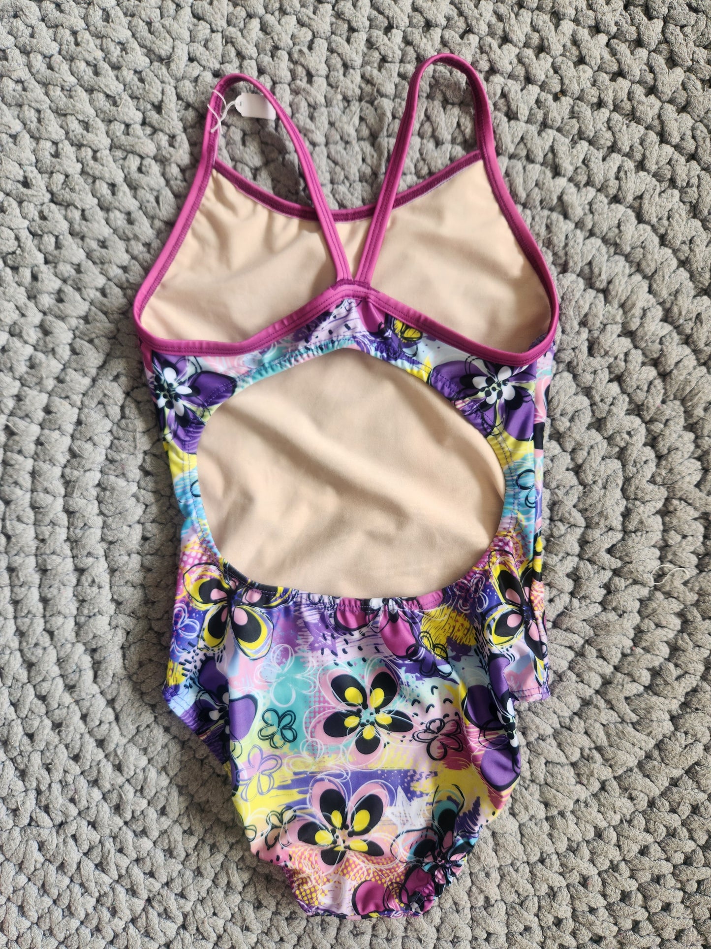 Extra Life Thin Strap Swimsuit in Purple & Yellow Flowers with Purple Straps
