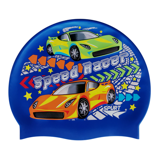 Speed Racer Cars and Track Comic Theme on Dark Blue Spurt Silicone Swim Cap