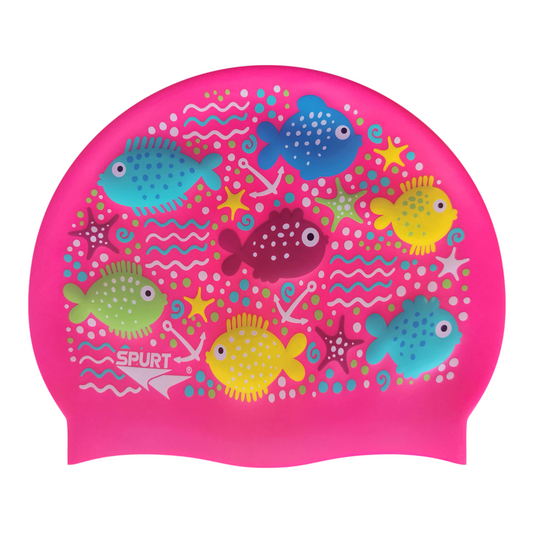 Scattered Sea Creatures & Squiggles on Neon Pink Junior Spurt Silicone Cap
