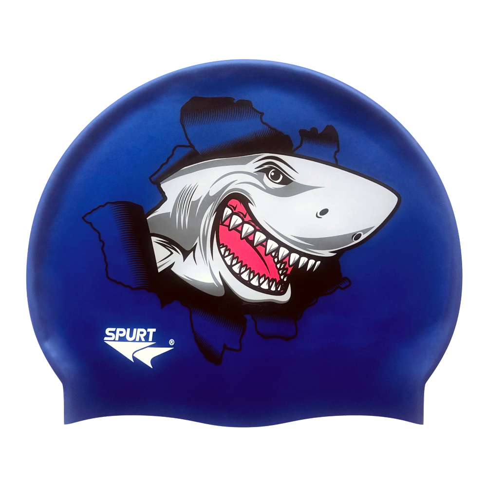 Shark Ripping Through Cap on Dark Blue Spurt Silicone Cap