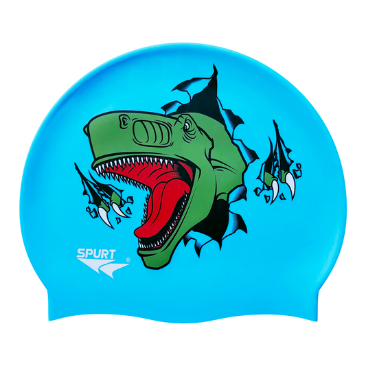 T-Rex Ripping Through Cap on Light Sky Blue Spurt Silicone Swim Cap