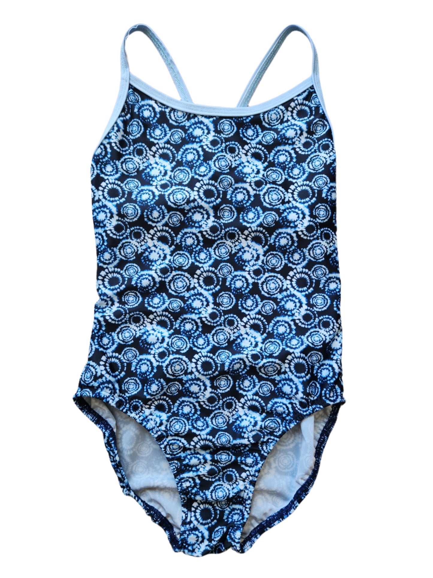 Extra Life Thin Strap Swimsuit in Tie Dye Ice on Dark Navy with Ice Blue Straps