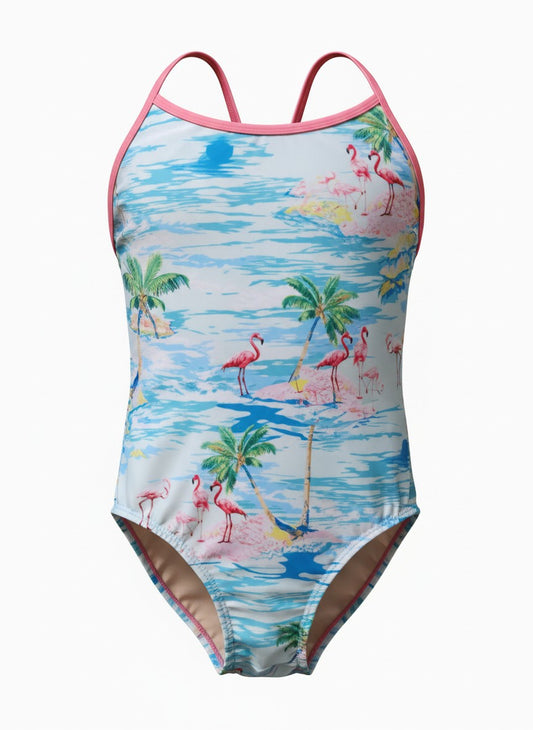 Extra Life Thin Strap Swimsuit in Tropical Haze Print with Pale Pink Straps