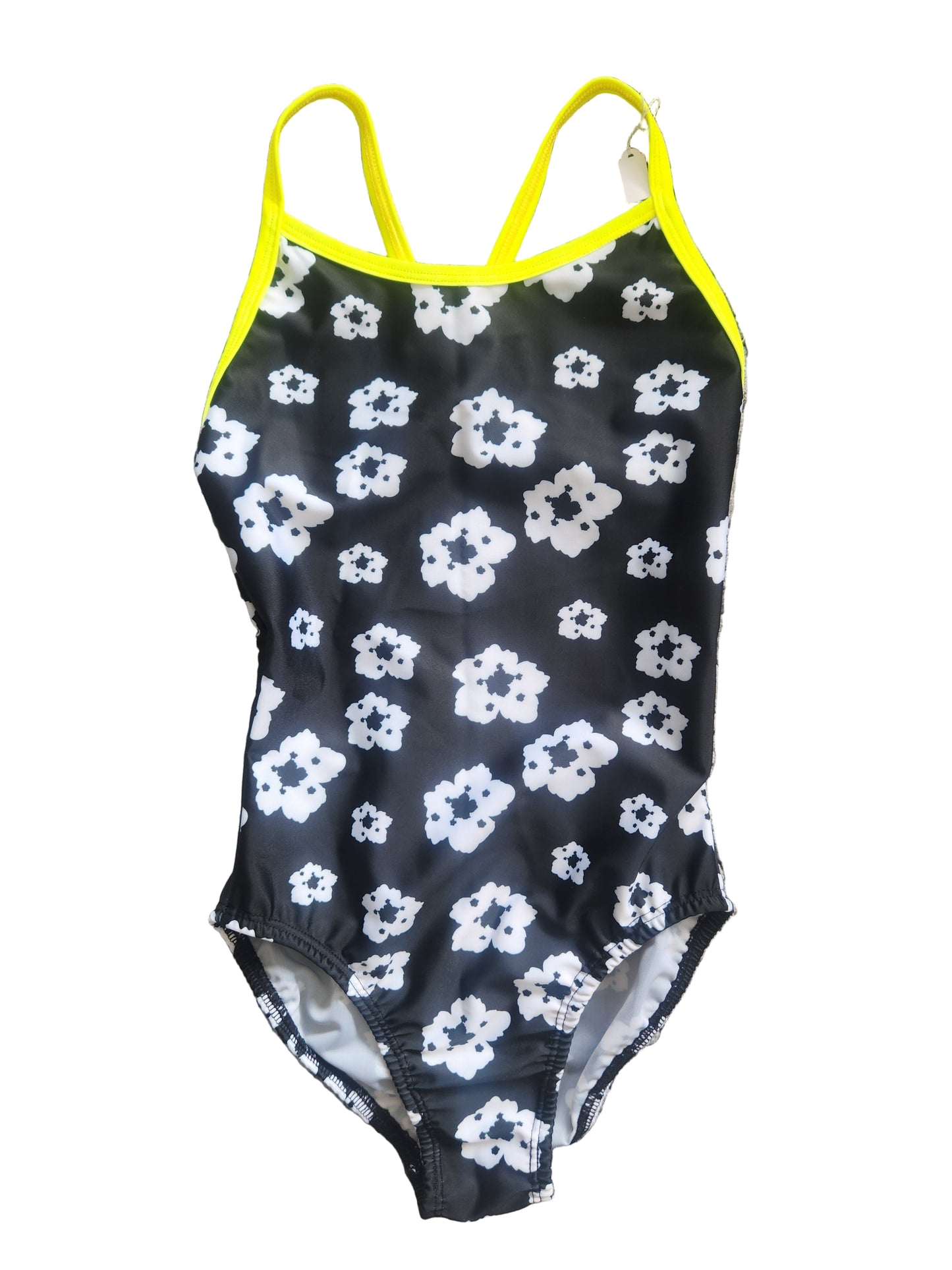 Extra Life Thin Strap Swimsuit in Urban Garden Design with Neon Yellow Straps