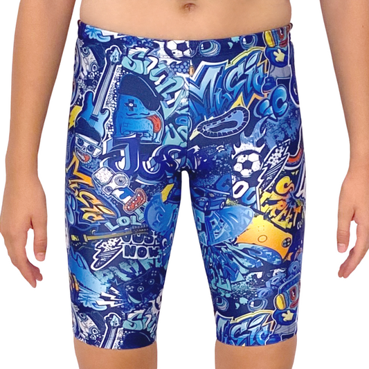 Kikx Extra Life Jammer Swimsuit in Urban Graffiti Design in Blues, Aqua & Orange