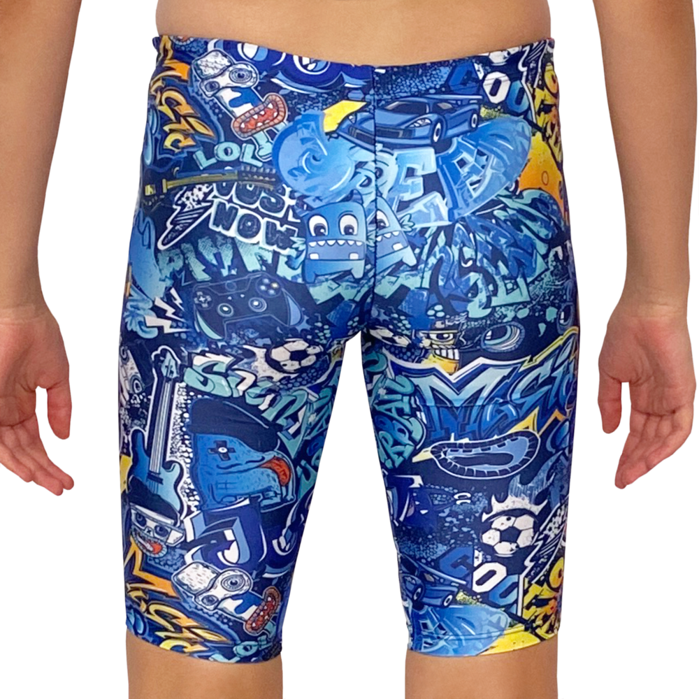 Kikx Extra Life Jammer Swimsuit in Urban Graffiti Design in Blues, Aqua & Orange