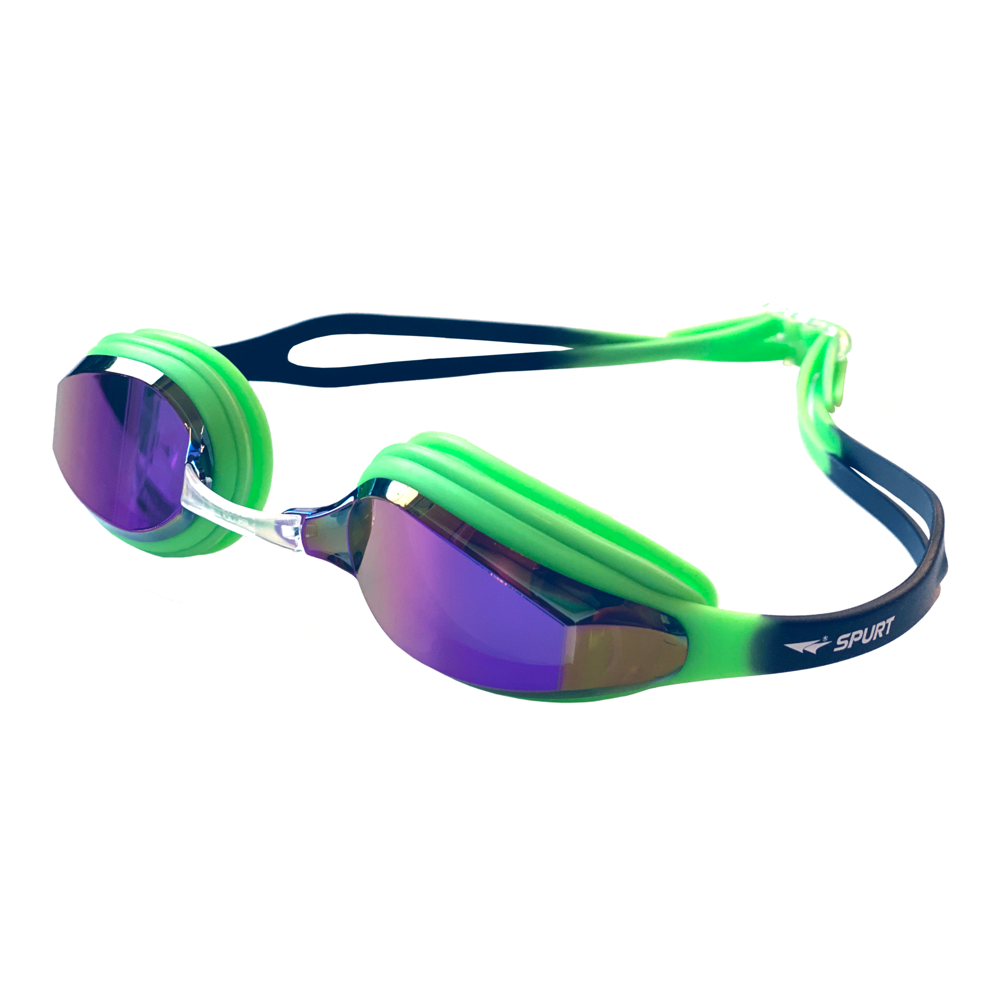 Spurt Elite Racer WVN Senior Goggle in Black & Bright Green with Mirror Oil-slick Purple & Gold Lens & Dark Tint
