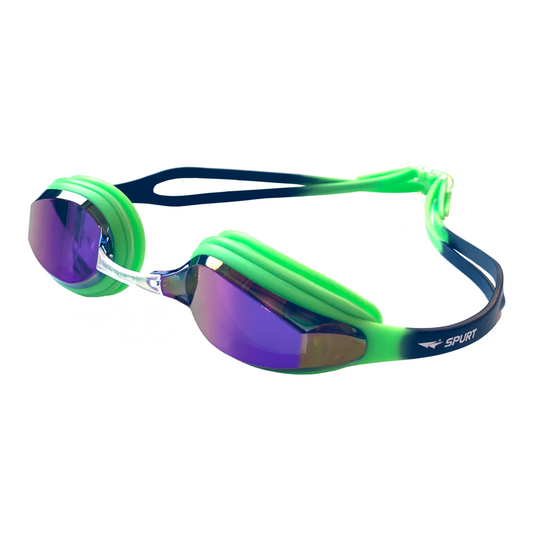 Spurt Elite Racer WVN Senior Goggle in Black & Bright Green with Mirror Oil-slick Purple & Gold Lens & Dark Tint