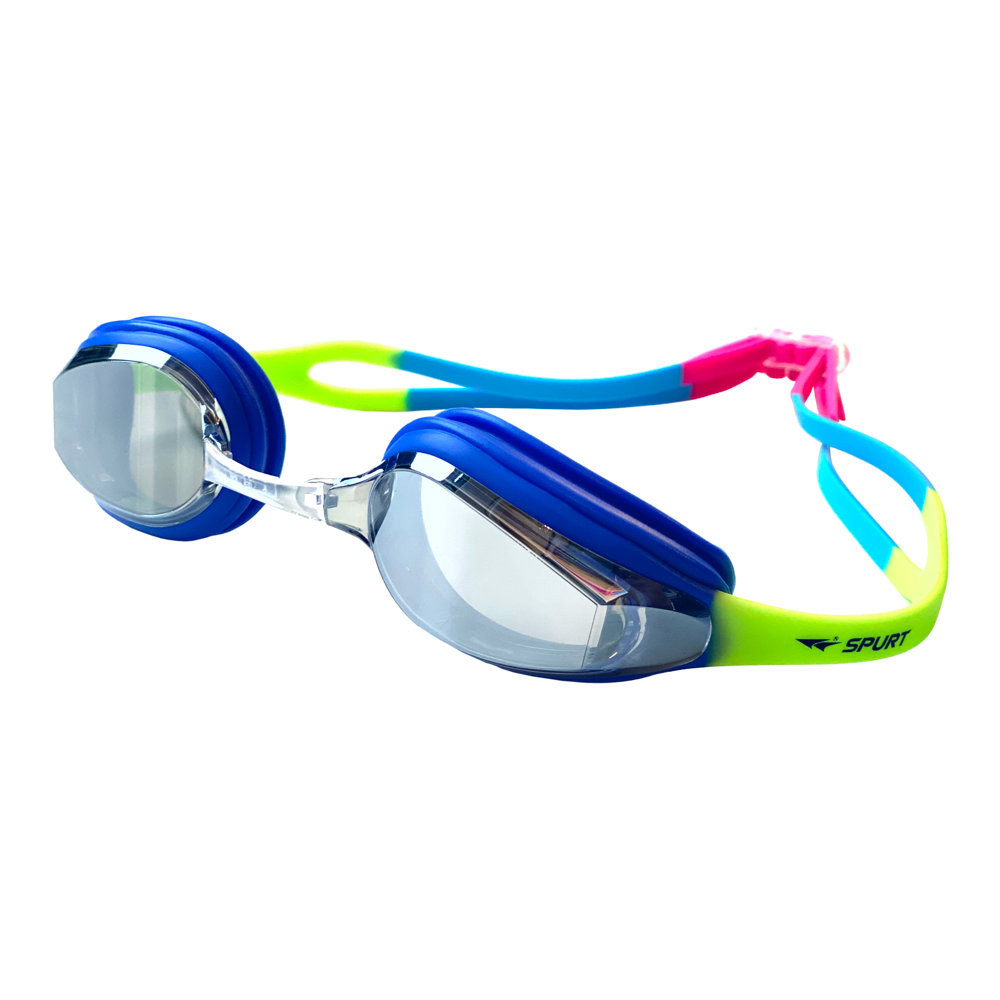 Spurt Elite Racer WVN Senior Goggle in Purple, Bright Pink, Light Blue & Bright Green with Mirror Silver Lens & Light Tint