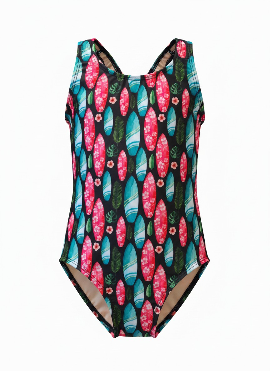 Extra Life Fastback Swimsuit in Island Vibe Print on Black Background