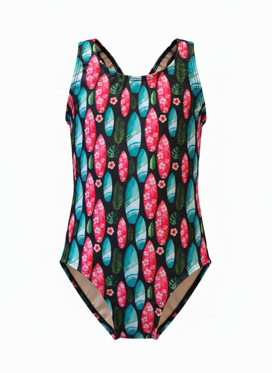 Extra Life Fastback Swimsuit in Island Vibe Print on Black Background